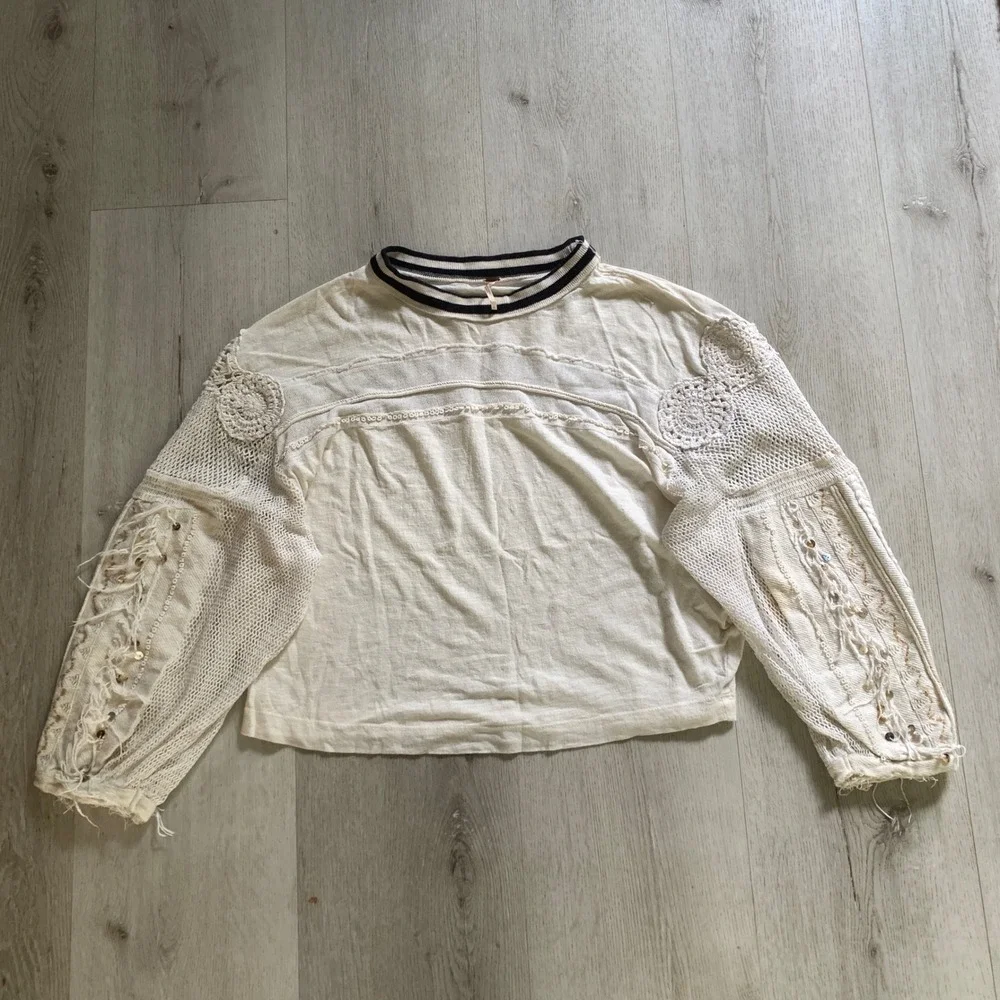 Free People Women Cream Crochet Mesh Sequin Sleeve Boho Top Striped Neck Small